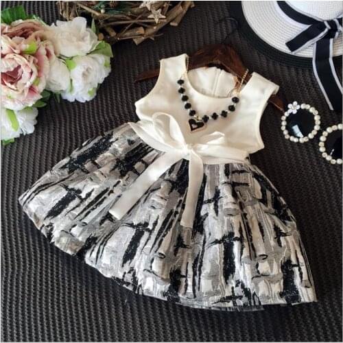 Hot sale classic white and black cici girl boutique dresses stylish children summer sundress baby gown tiered dress