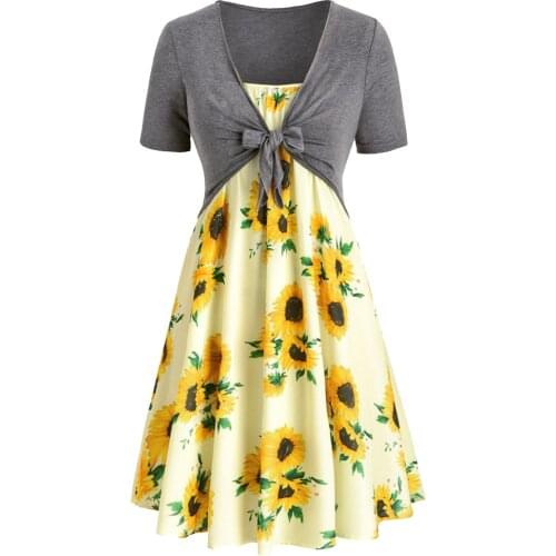 Sunflower Print MIni Dress Two Pieces A-Line Spaghetti Strap Loose Print Short Sleeve Trend Elegant Summer Short Dress