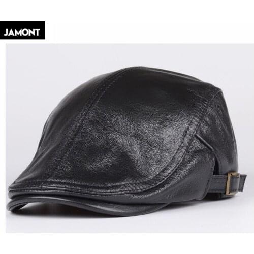 JAMONT Men Beret Hat Flat Cap 100% Sheep Leather Autumn Winter Male Brown Adjustable High Quality Gatsby Mens Beret Caps Gorras