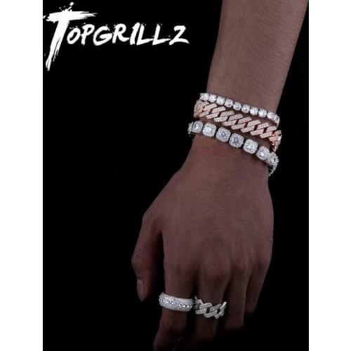 TOPGRILLZ Bracelet Set 14mm Cuban Chain with 10mm Square Stone Tennis Chain And 6mm one Row Tennis Chain Hip Hop Jewelry Set