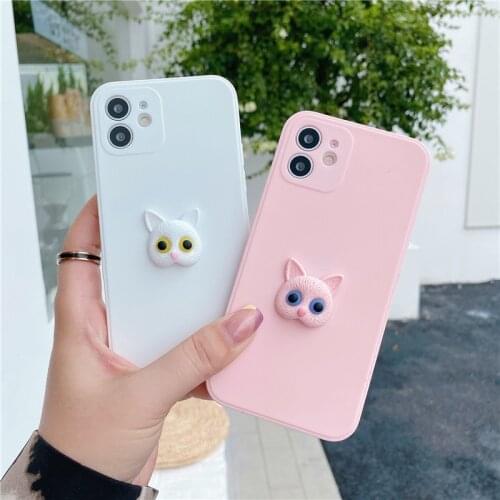 3D Cat Head Cute Case For iPhone 11 12 Pro Max 12 Mini 7 8 Plus XR X XS MAX SE 2020 Shockproof Candy Color Fluorescence Cover
