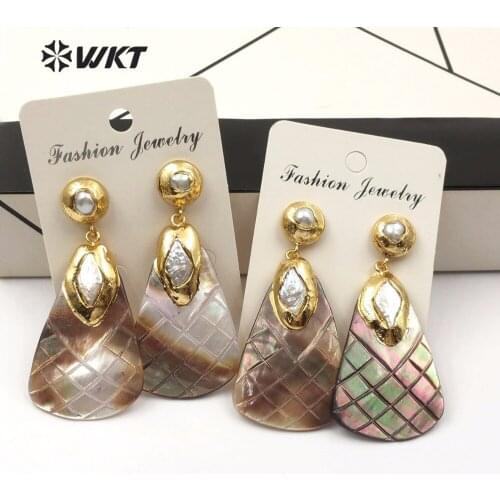WT-E501 Unique design natural shell earrings geometric elements style hand-carved fishnet pattern with pearl earrings jewelry