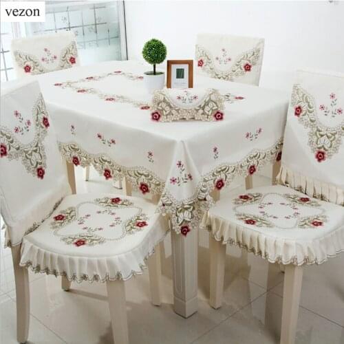 Vezon New Hot Elegant Polyester Satin Floral Embroidery Tablecloth Flower Embroidered Table Cloth Covers for Wedding Home Sofa