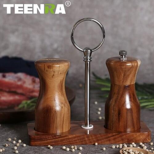 TEENRA Salt and Pepper Grinder Wood Pepper Spice Grinder Set kitchen Handheld Seasoning Grinder Spice Jar Ceramic Grinding Core