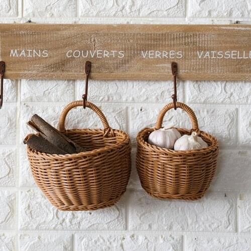 Woven Storage Baskets Imitation Rattan Hanging Basket for Kitchen Living Room Wall Hanging Flower Pots with Handle Decor