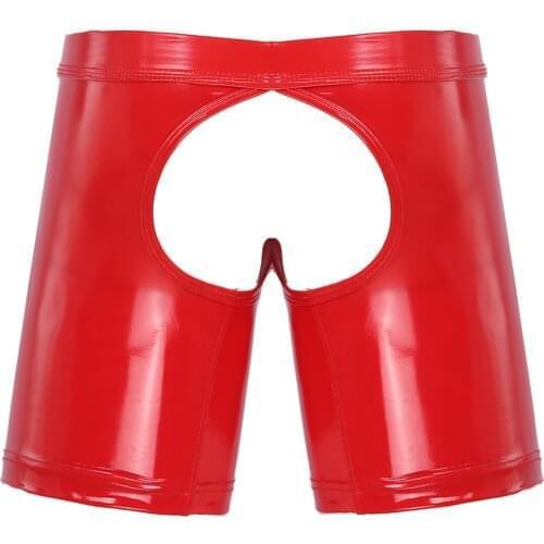 Patent Leather Low Rise Boxer Briefs Seamless Sexy Wet Look Underwear Open Butt Removable Bulge Pouch Shorts Underpants for Men