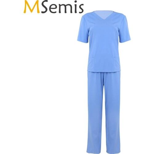 MSemis Unisex Adults Doctor Nursing Scrubs Cosplay Costumes Uniform Work Suits Short Sleeves Top with Elastic Waisted Long Pants