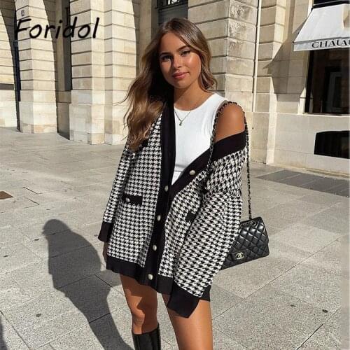 Foridol Houndstooth Print Vintage Sweater Cardigan Female Winter V Neck Casual Oversized Loose Knitted Cardigan Black Autumn