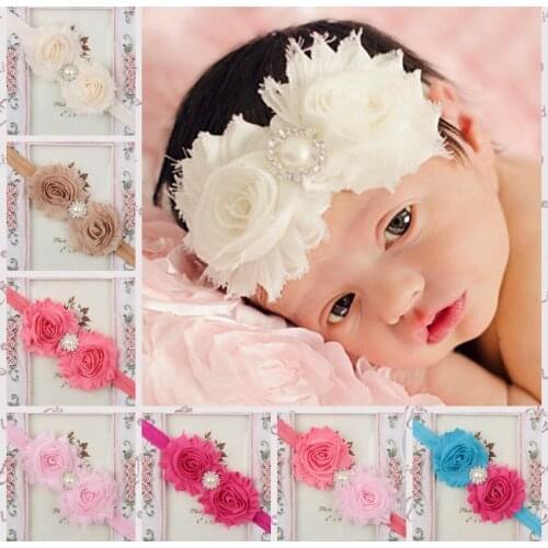 Yundfly 10pcs Chic Shabby Chiffon Flower Newborn Headband Pearl Rhinestone Kids Headwear Photography Props