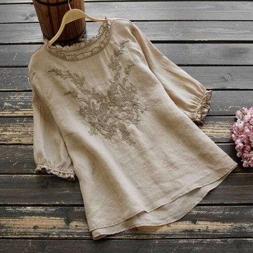 2021 Cotton Loose Embroidered Women Blouse Shirt Female Summer Half Sleeve All Match Breathable Thin National Style Top 4XL