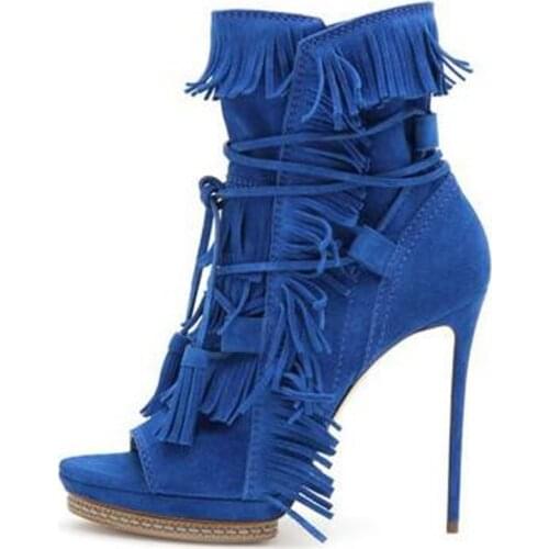 Ladies Tassel Cover Peep toe Summer Ankle Boots Gladiator Female Stiletto Heels Mujer Zapatos Gladiator Fringed Lace up Bottines