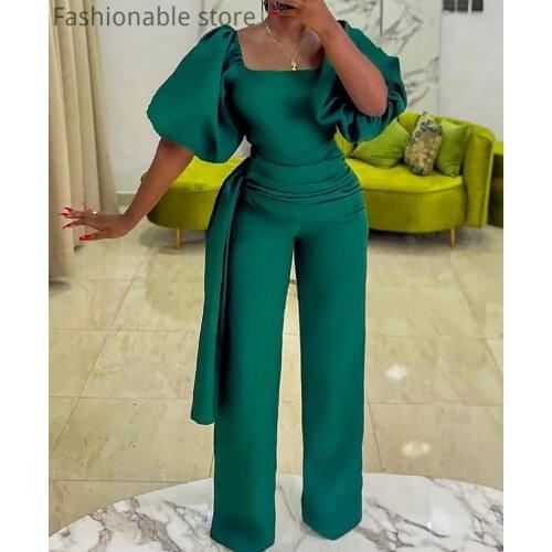 Women Solid Color Square Neck Puff Sleeve Ruched Jumpsuits Plus Size