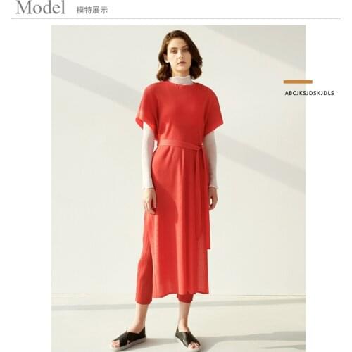 HOT SELLING Miyake fashion fold short sleeve dress o-neck lace-up high Split dress IN STOCK