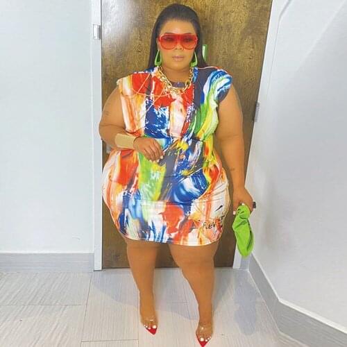 2XL-5XL Splash Ink Printed Plus Size Dresses Women Crew Neck Sleeveless Package Hip Dress Vintage High Waist Body-shaping Robe