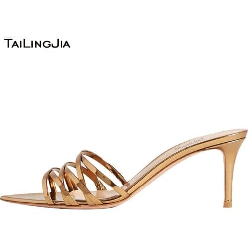 High Heels Party Sandals 2020 for Women Fashion Pointed Toe Gold Patent Leather Strappy Lady Slip on Size 34-46 Party Dress Shoe