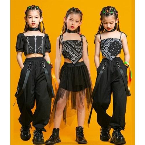Kids Punk Hip Hop Clothing Square Neck Puff Sleeve Crop T Shirt Pleated Mesh Skirt Pant For Girls Jazz Dance Costume Set Clothes