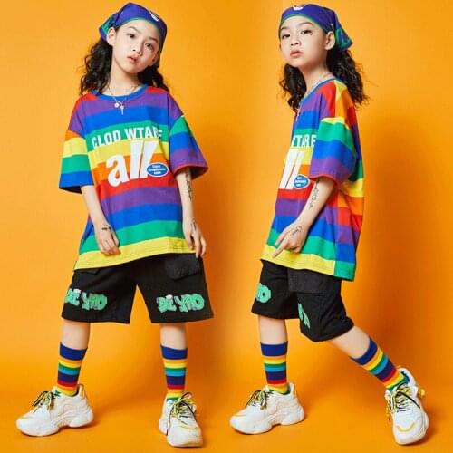 ChildrenS Jazz Dance Costume Boys Loose Rainbow Short-Sleeve Shorts Girls Summer New Handsome Hip Hop Street Dancewear DL6317