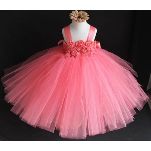 Girls Pink Flowers Tutu Dress Kids Handmade Crochet Tutus Ball Gown with Ribbon Bow and Headband Children Wedding Party Dresses