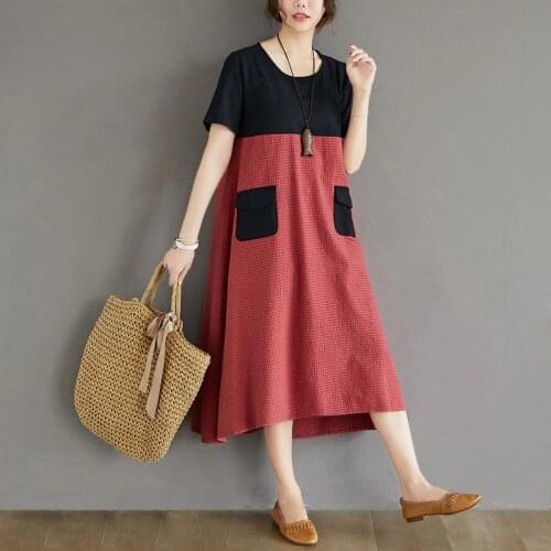 Women Cotton Linen Shirt Dress Summer Plus Size Short Sleeve Color Block Casual Art Loose Midi Dress Robe Tunic Vestidos Kaftan