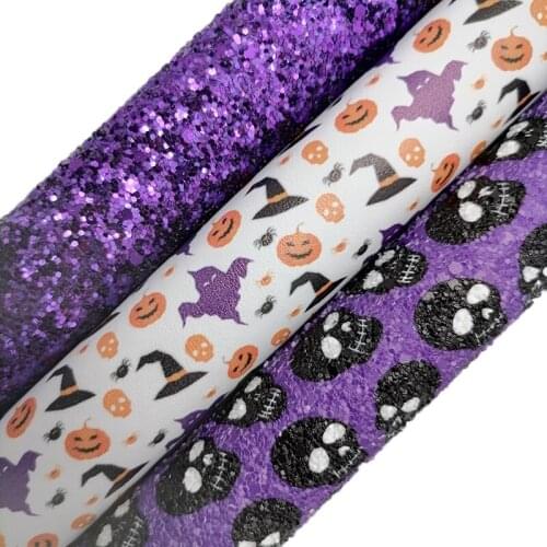 Purple Glitter leather, Skulls Printed Glitter leather, Pumpkins Ghosts Printed Faux Leather Sheets For Bow A4 21x29CM KM626