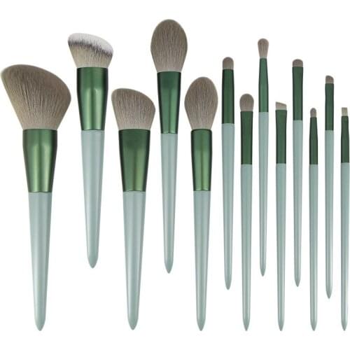 Four Seasons Green Makeup Brush Set 13pcs Makeup Tool Synthetic Fiber Makeup Brush Set with Bag Foundation Blush Loose Powder