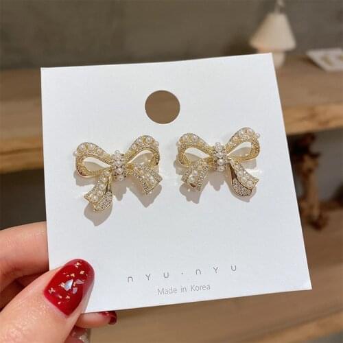 Korea New Design Fashion Jewelry Exquisite Copper Inlaid Zircon Bow Pearl Earrings Elegant Womens Daily Small Earrings