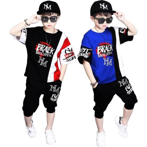 Big Boys Summer Fashion Sets Letters Print Color Patchwork Loose Fit T-shirts+Shorts 2PCS Clothing Sets Hip Hop Dancer Sets