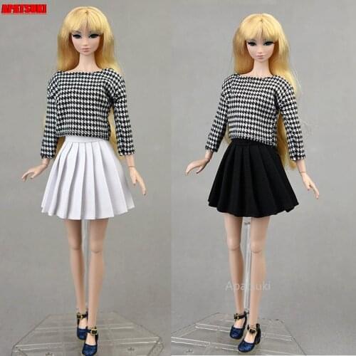 Fashion Clothes Set for Barbie Doll Outfits Houndstooth Pattern Shirt Blouse Top Pleated Skirt for 1/6 BJD Dolls Accessories