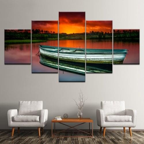 Seascape Art Print Picture Poster Yellow Dusk Wooden Boat Stayed on the Sea Canvas Painting for Bedroom Home Decor Wall Artwork