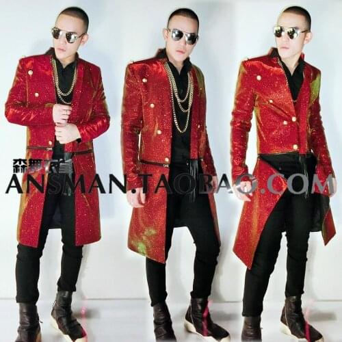 Nightclub male DJ male singer red and green colorful glitter long detachable suit jacket performance costume carnival party