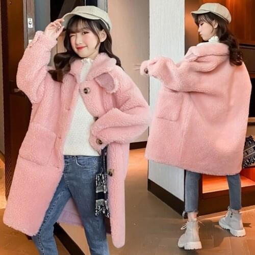 2021 Autumn Winter New ChildrenS Wool Velvet Coat Girls Korean Fashion Mid-Length Jacket ChildrenS Casual Wool Sweater Coat