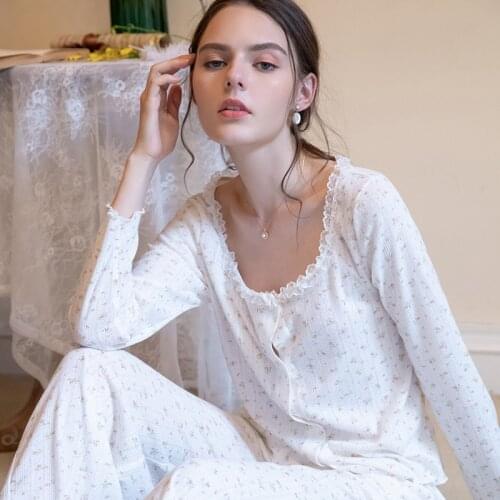 Autumn Winter Pajamas Suit Womens Long-Sleeved Trousers Suit Japanese Cute Gentle Floral Lace Sexy Tracksuit Sleepwear