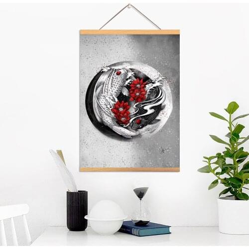 HD Poster Canvas Print Wall Artwork Saffron Carp Picture Ink Painting Home Bedroom Decortion Solid Flowers Wood Hanging Scrolls