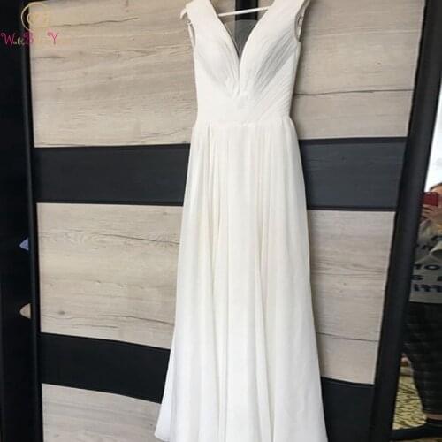 Simple Chiffon V-Neck Wedding Dresses Boho A-Line White Ivory Sleeveless Beach Bridal Gowns Floor Length vestido de noiva 2019
