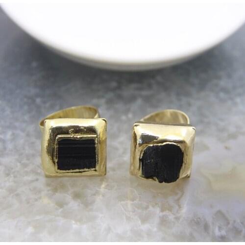 Natural Black Tourmaline Rectangle Adjustable Fashion Rings,Black Gems Nugget Rings,Trendy Men Women Golded Plated Rings Jewelry