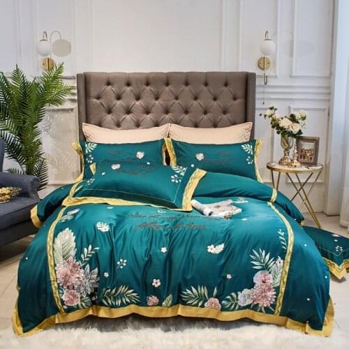 Luxurious Green Tropical Forest Egyptian Cotton Embroidery Duvet Cover Bed Linen Fitted Sheet Pillowcases Bedclothes King Queen