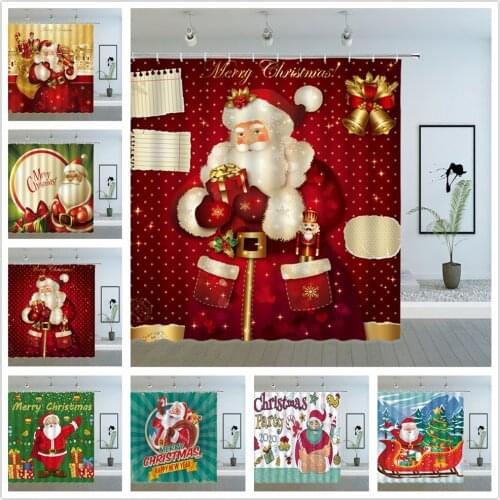 Merry Christmas Shower Curtains Cartoon Santa Claus Cute Old Man Xmas Tree Gift New Year Holiday Child Bath Fabric Curtain Sets