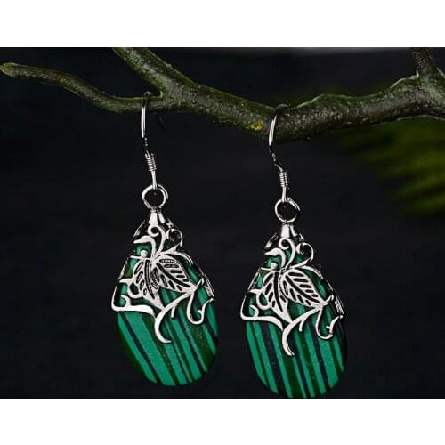 Natural Green Malachite Hand Carved Drop Earrings Fashion Jewelry Mens and Womens 925 Silver Inlaid Drop Earrings