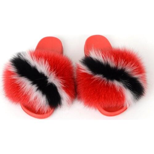 Summer Womens Real Fox Fur Slides Female Home Fluffy Soft Flat Shoes Fashion Furry Flip Flops Ladies Outdoor PVC Plush Slippers