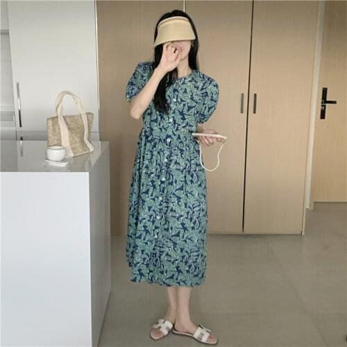Dress Temperament Round Neck Puff Sleeve Short-sleeved Floral Dress Female Summer New Style Korean Mid-length Skirt