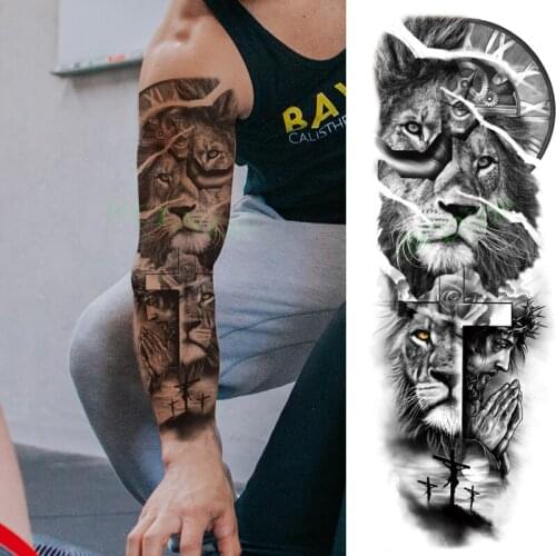 Waterproof Temporary Tattoo Sticker Lion Cross Jesus Roma Clock Full Arm Fake Tatto Flash Tatoo Sleeve Tato for Men Women