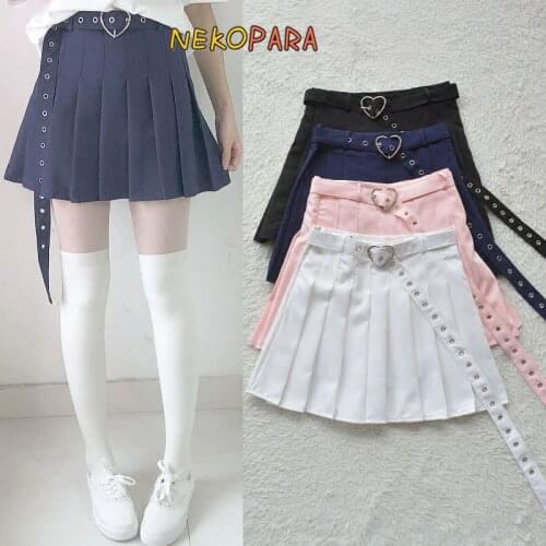 Heart Shape Waist belt Summer Womens Japanese Style A-line Mini Skirt Pleated Skirt Pink & Black & White & Navy Blue