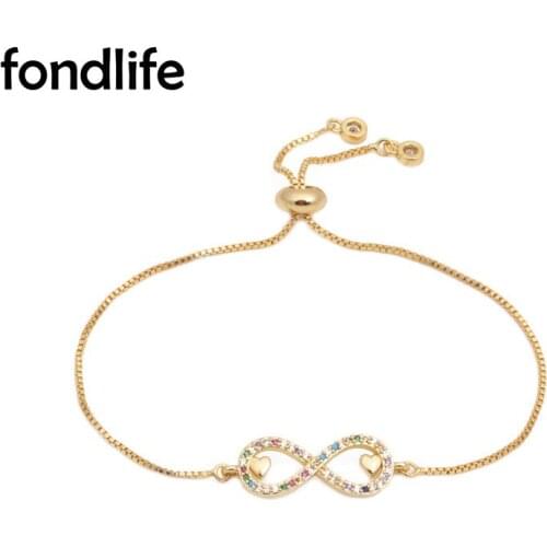 Various Color Cubic Zirconia Crystal Infinity Love Heart Charm Chain Bracelet Women Lady CZ Brass Copper Fashion Jewelry Present