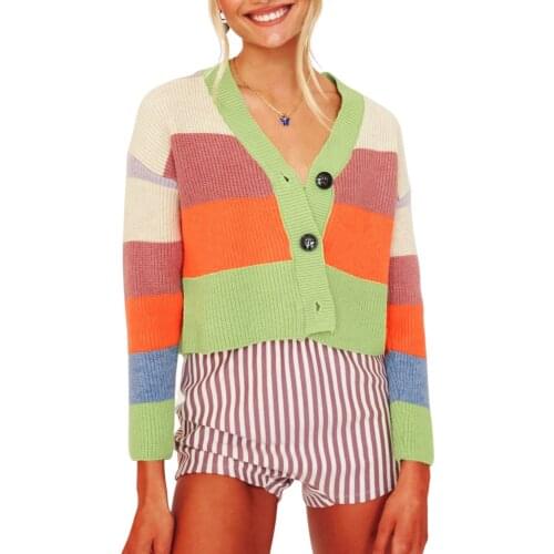 2021 New Women Casual Long Sleeve Cardigan Fashion Contrast Color Short Style Single-breasted Knitted Coat