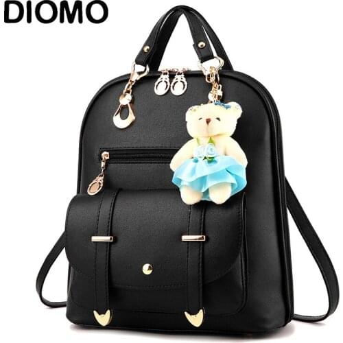 DIOMO Women Backpack Elegant Fashion Casual Cute for Girl School Bag High Quality Pu Leather Bear Pendant Multi-color Optional