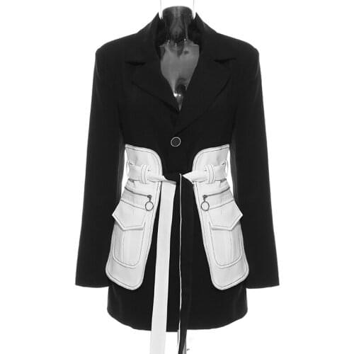 Women Vintage Blazer Colorblock Belted Tunic Long High Street Blazer Jacket
