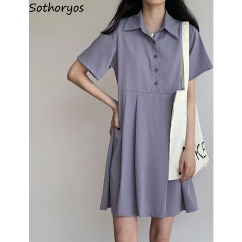 Purple Pleated Dress Women Classic Preppy Solid Above Knee Loose Leisure Soft Button Trendy Short Sleeve Teenagers 2021 Popular