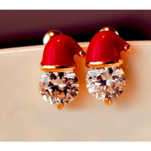 1 Pair Cute Women Crystal Santa Hat Studs Earrings Red Christmas Ear Studs Rhinestone Zirconia Earring Xmas Jewelry Accessories