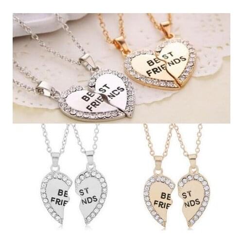 1 Pair Best Friend Rhinestone Split 2 Parts Heart Friendship Pendants Necklace Girlfriends Women Accessories Gold / Silver Color