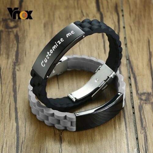 Vnox 16mm Personalize Silicone Bracelets for Men Stainless Steel Tag Custom Name Date Adjustable Length Male Bangle Gift for Him